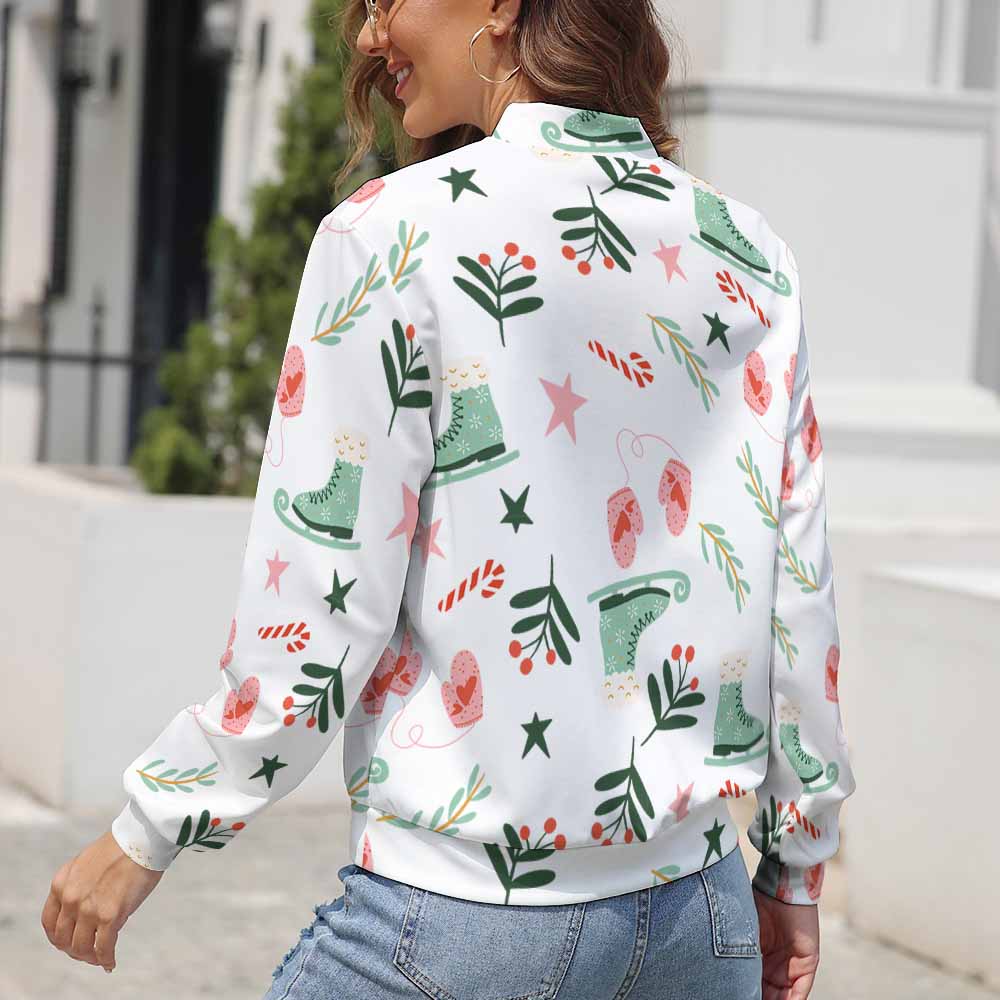 Women's white zipper jacket with floral pattern, comfortable and skin-friendly fabric.
