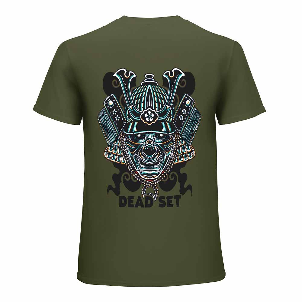 Olive green cotton men's T-shirt with blue samurai skull and DEAD SET text, ideal for leisure and events