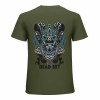 Olive green cotton men's T-shirt with blue samurai skull and DEAD SET text, ideal for leisure and events