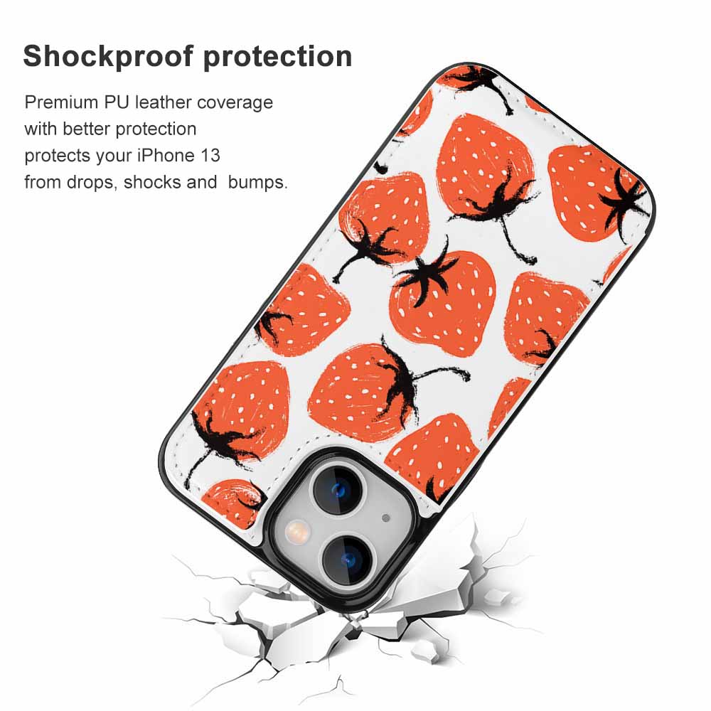 iPhone 13 case with strawberry print, card slot, and shockproof protection