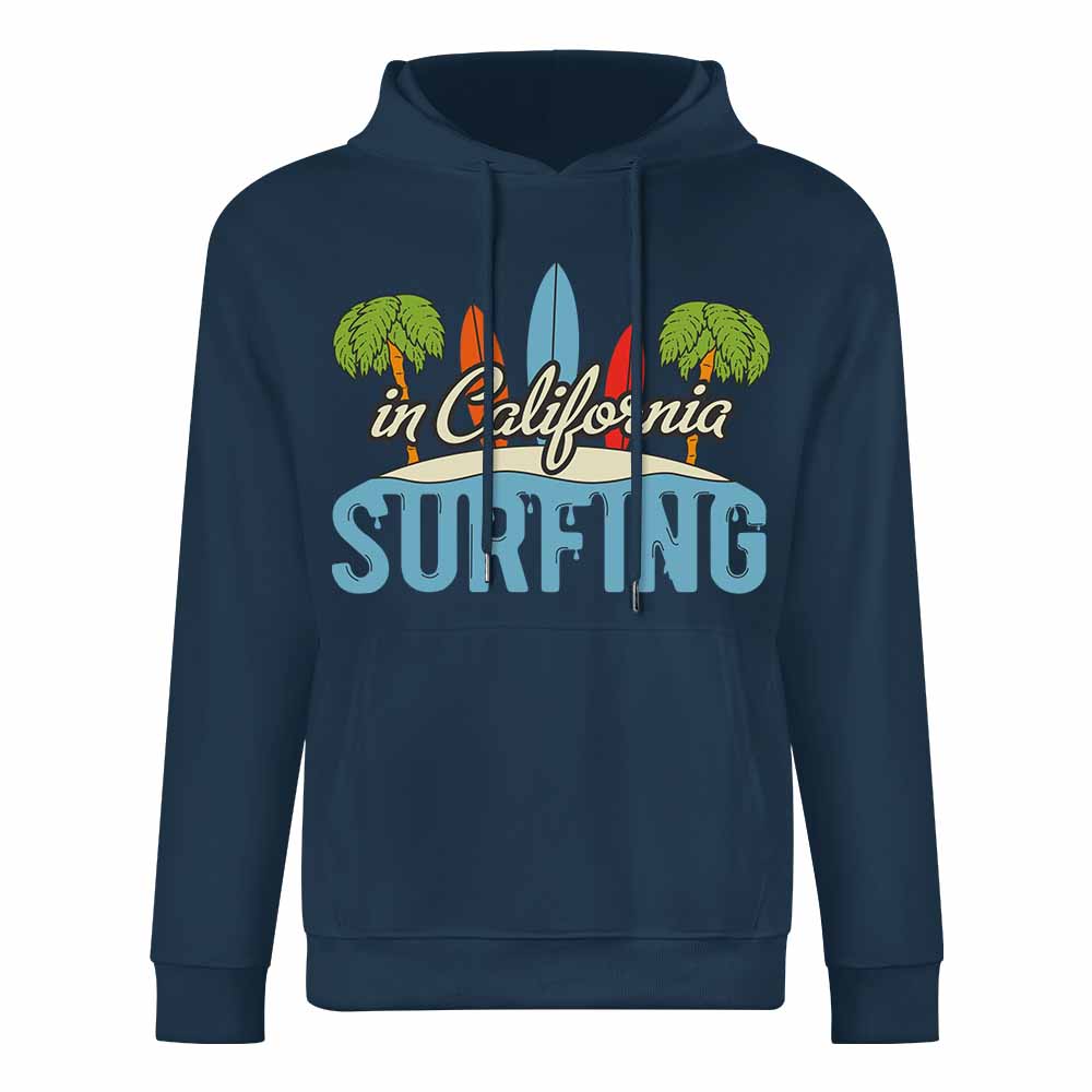 Navy blue cotton hoodie with "CALIFORNIA SURFING" graphic. Loose fit, suitable for daily wear.