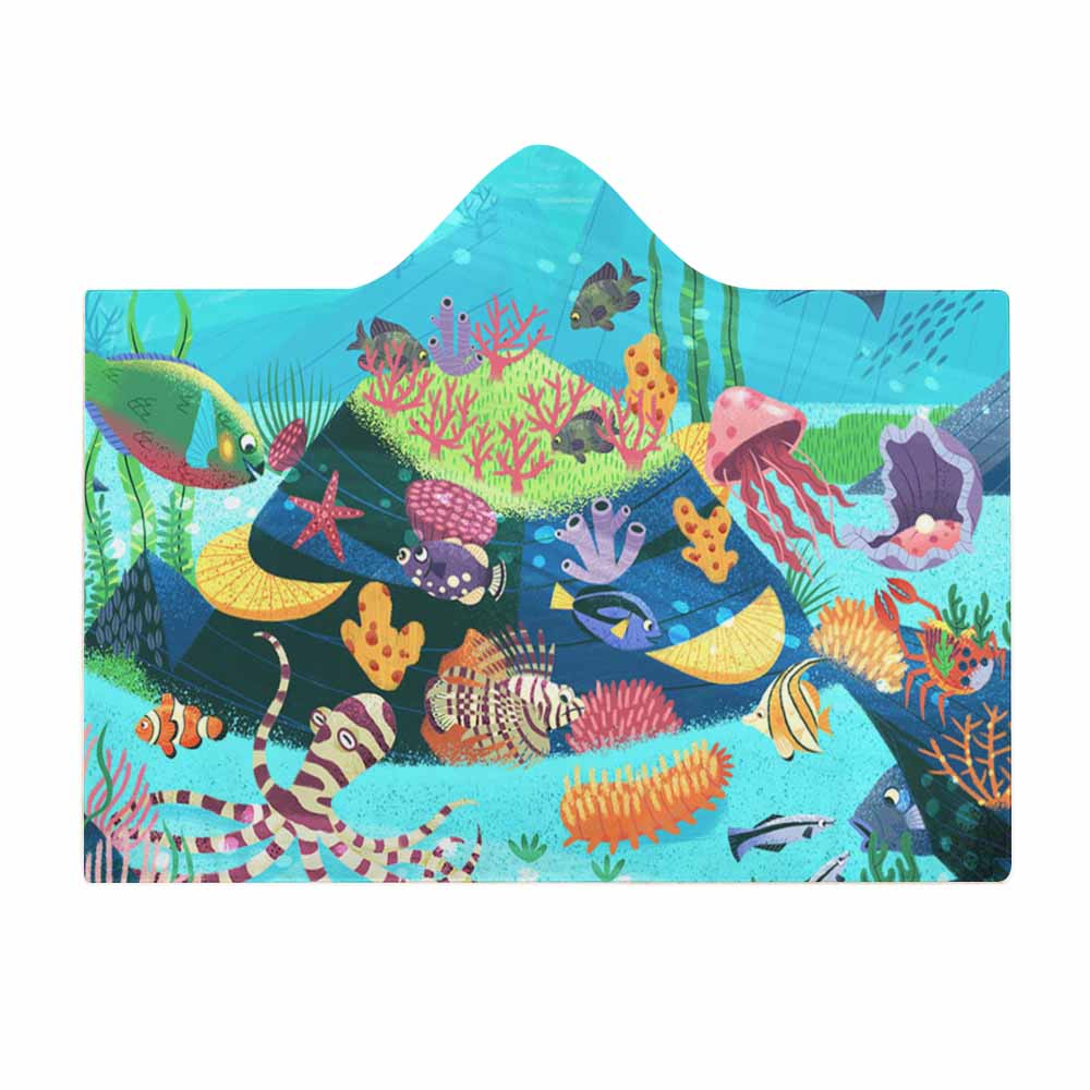 Underwater scene Cloak Hooded Blanket in Arctic Velvet, coral, fish, jellyfish design.