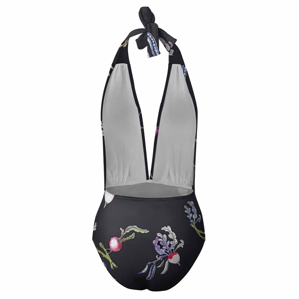 Black Floral Halter One Piece Bikini Swimsuit with Deep V-neck