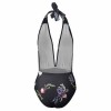 Black Floral Halter One Piece Bikini Swimsuit with Deep V-neck