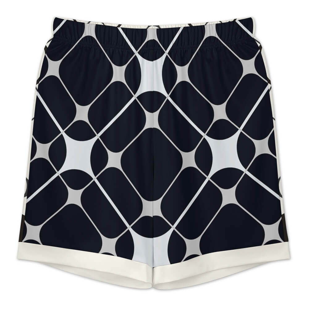Men's ice silk pajama shorts, black and white geometric pattern. Comfortable sleepwear for home and vacation.