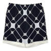 Men's ice silk pajama shorts, black and white geometric pattern. Comfortable sleepwear for home and vacation.