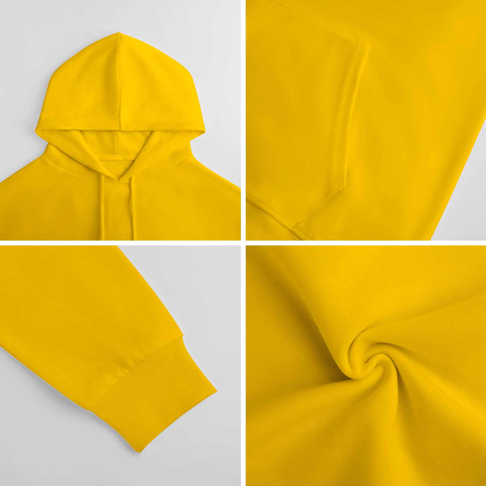 Yellow cotton hooded sweater fabric detail, comfortable and breathable.