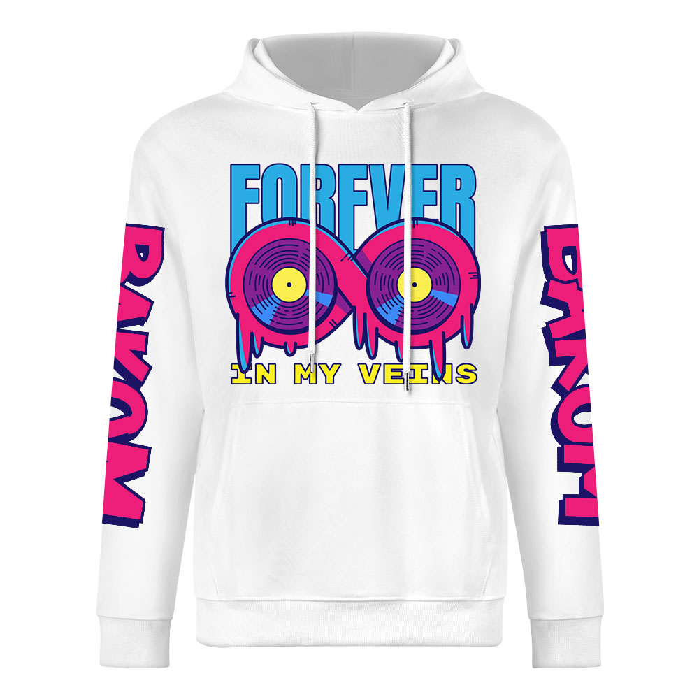 White cotton hoodie with 'FOREVER 99' donut graphic, DAKUM and CHRONM sleeve prints, youth fashion style.