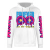 White cotton hoodie with 'FOREVER 99' donut graphic, DAKUM and CHRONM sleeve prints, youth fashion style.