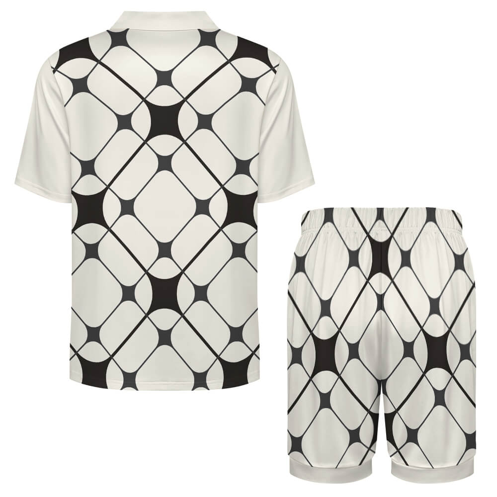 Men's ice silk pajama set with geometric print in cream and black. Comfortable sleepwear.