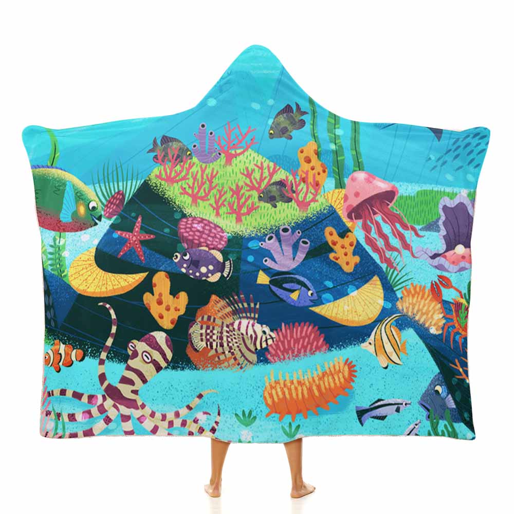 Hooded blanket featuring a vibrant underwater scene with coral, fish, and jellyfish, perfect for cozy lounging.