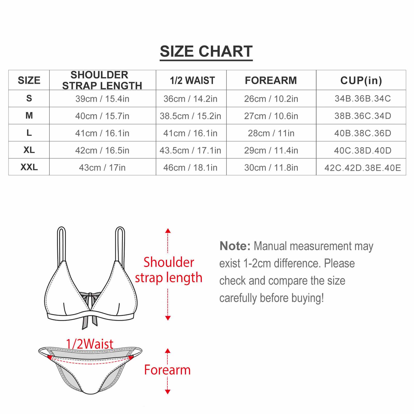 Size chart for Sexy Two Piece Bikini Swimsuit. Includes strap length, waist, forearm, cup size measurements.