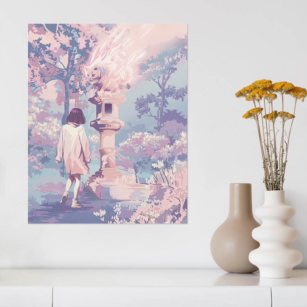 Canvas print of a woman in a soft pink coat in a dreamy forest, available unframed and framed.