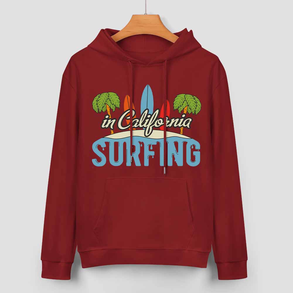 Maroon California Surfing hoodie, loose fit, cotton blend, daily wear