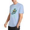 Light blue pure cotton surfing T-shirt with surfing design, summer fashion, front view.