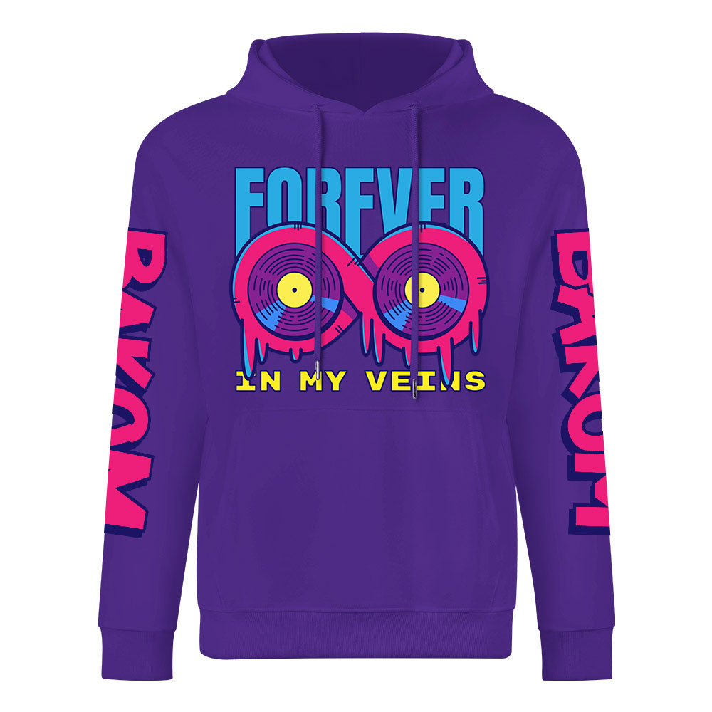 Purple cotton hoodie with 'FOREVER' donut graphic, 'DAKUM' and 'CHRONM' sleeve prints, youth fashion style.
