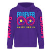 Purple cotton hoodie with 'FOREVER' donut graphic, 'DAKUM' and 'CHRONM' sleeve prints, youth fashion style.