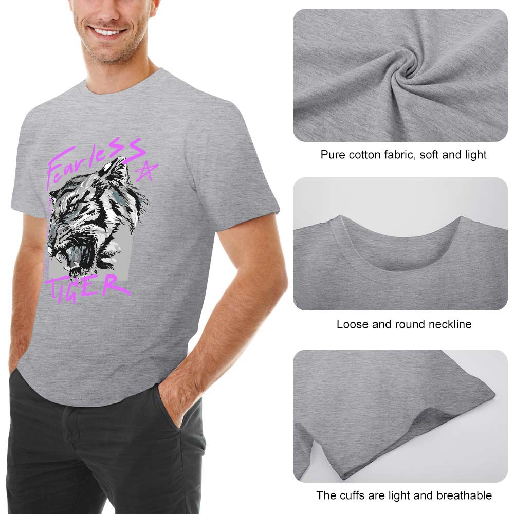 Men's gray cotton Fearless Tiger graphic t-shirt, front and back print, showcasing 100% cotton fabric and a round collar.
