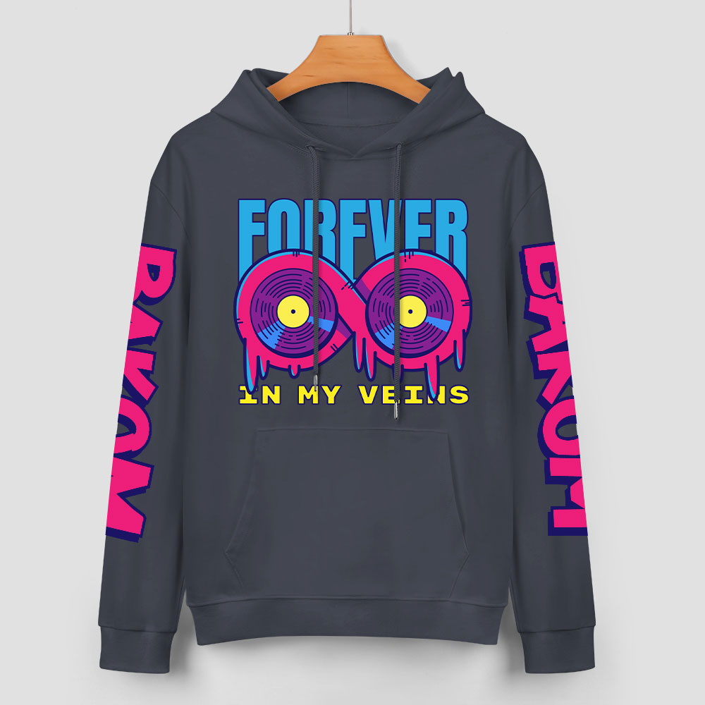 Navy blue cotton hoodie with 'FOREVER' donut graphic, DAKUM and CHRONM sleeve prints, youth fashion style.