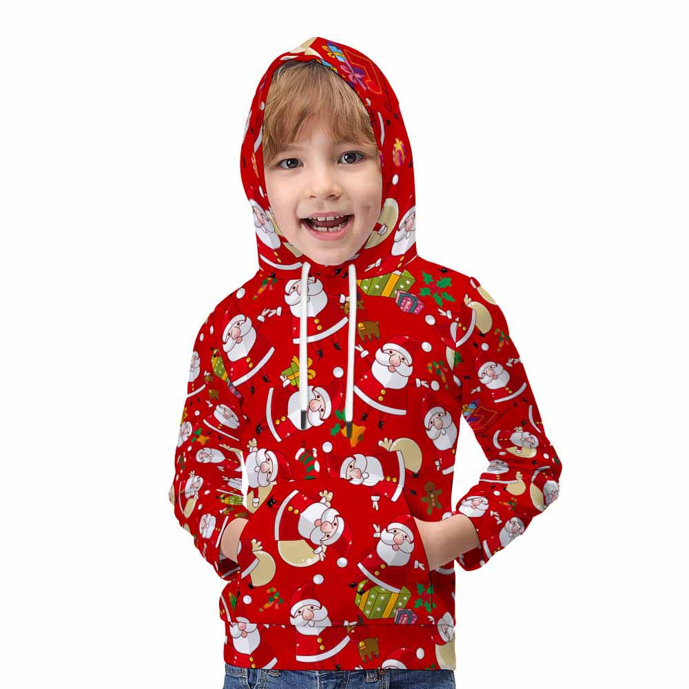 Kids' red Christmas hoodie with festive Santa pattern, kangaroo pocket, and hood; perfect for holiday wear.