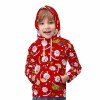 Kids' red Christmas hoodie with festive Santa pattern, kangaroo pocket, and hood; perfect for holiday wear.