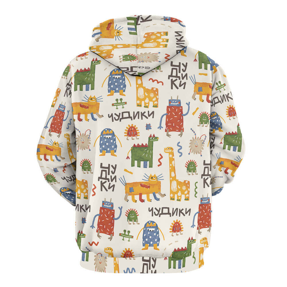Plus size adult sweatshirt with colorful animal print, comfortable polyester hoodie with drawstring