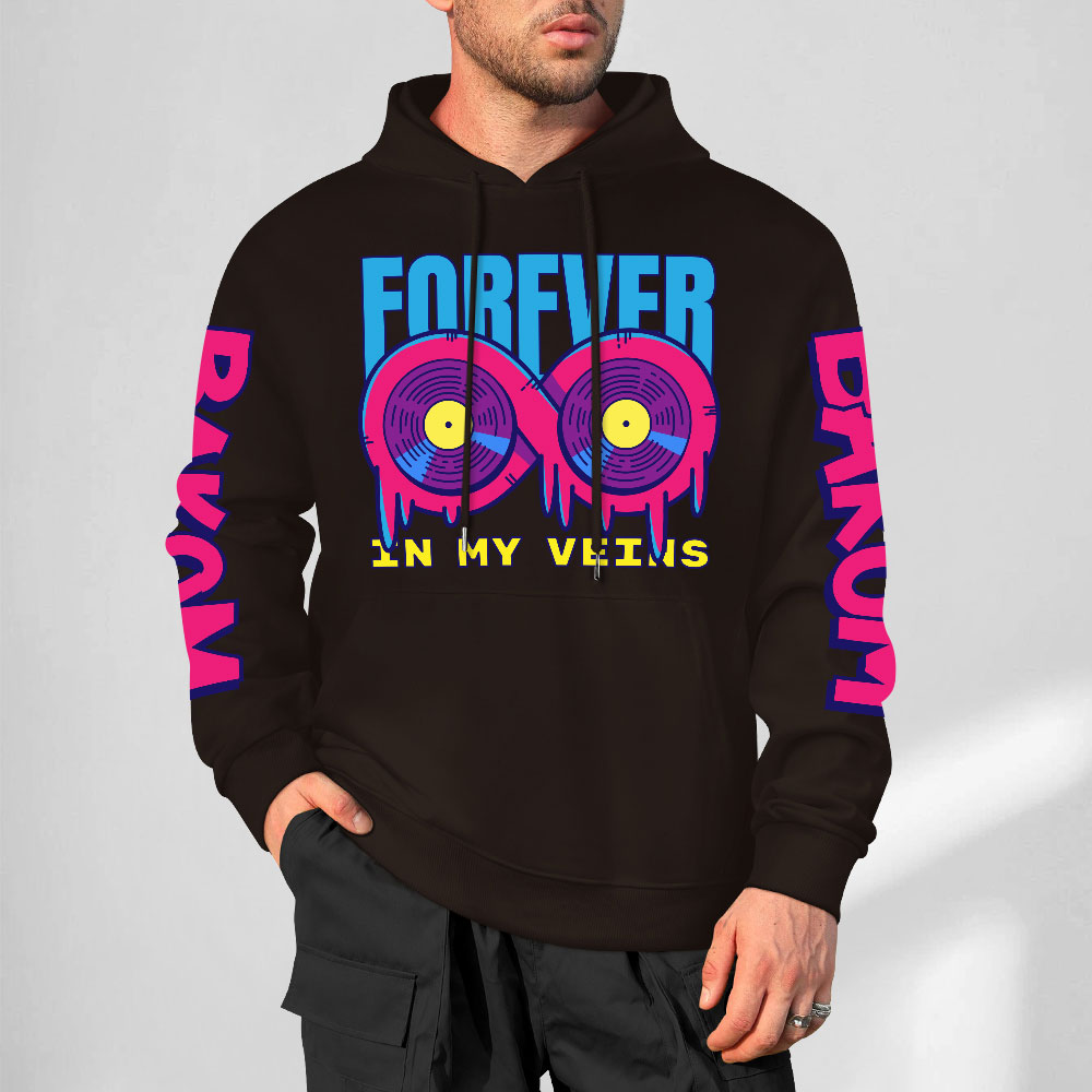 Black cotton hoodie with FOREVER 99 donut graphic and sleeve prints, youth fashion style.