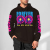 Black cotton hoodie with FOREVER 99 donut graphic and sleeve prints, youth fashion style.