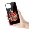 iPhone 14 black glass case with 'Love is served under all weather' design, protective and stylish.