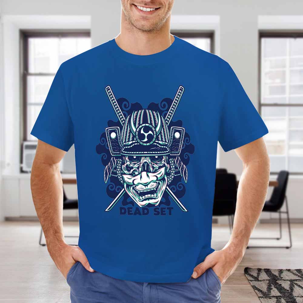 Blue cotton men's T-shirt with samurai skull design, ideal for leisure and events. Made with 100% cotton.