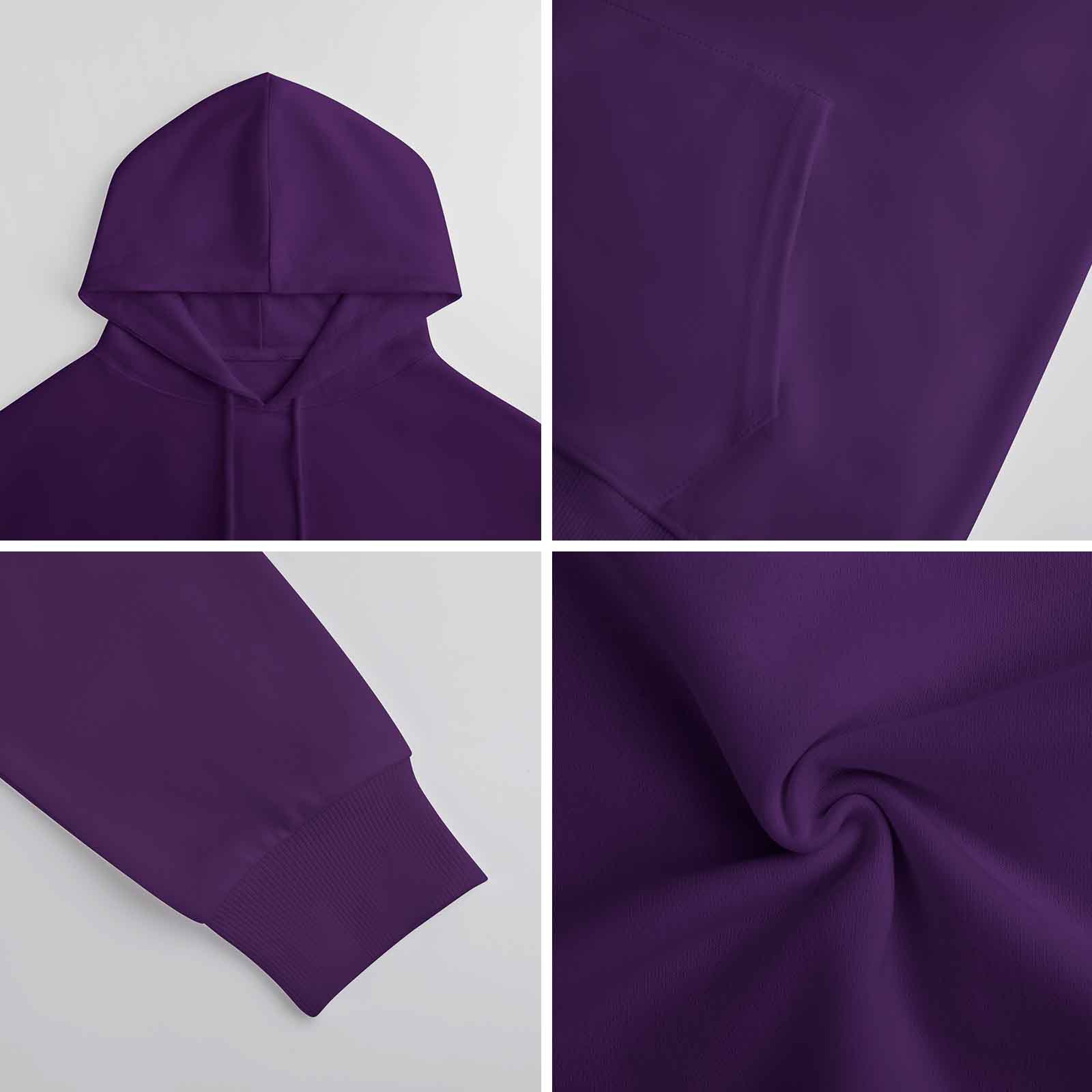 Purple cotton hooded sweater fabric details, youth fashion style.