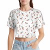Women's short-sleeved navel exposed shirt, white with floral print, made of brushed milk silk, perfect for casual wear