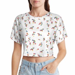 Women's short-sleeved navel exposed shirt, white with floral print, made of brushed milk silk, perfect for casual wear