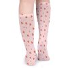 Pink breathable stockings with red heart pattern, soft and comfortable for everyday wear