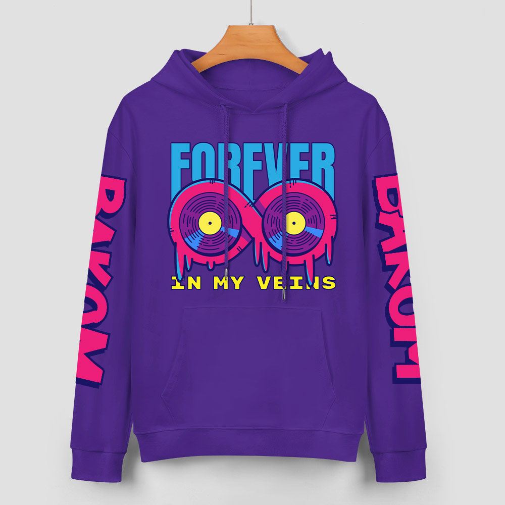 Purple cotton hoodie with 'FOREVER' donut graphic, 'CHRONM', 'DAKUM' sleeve prints, fashion style.