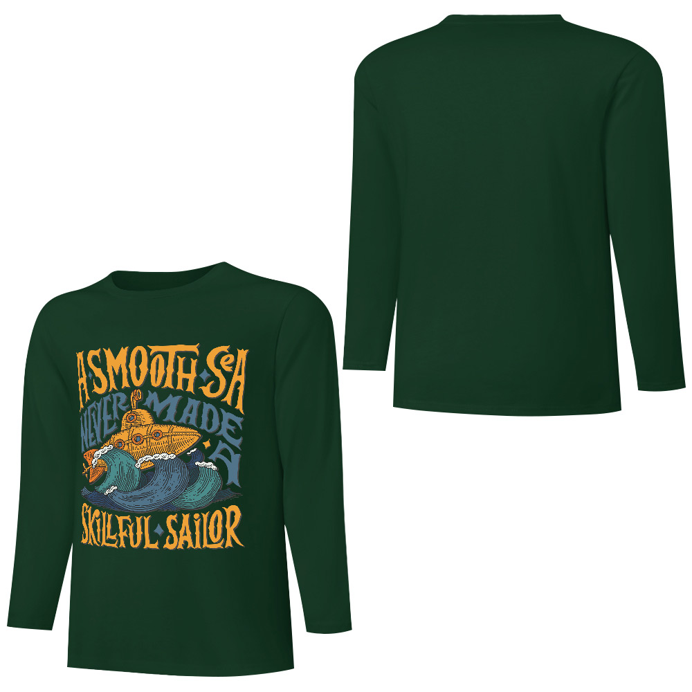 Dark green pure cotton long sleeve T-shirt with 'A SMOOTH SHAKER' graphic, casual wear.