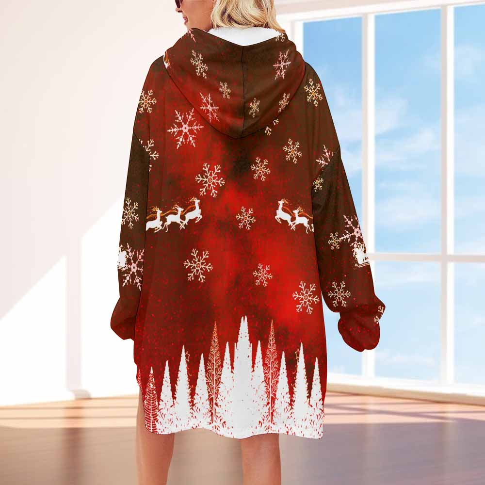 Red and white snowflake pattern Women's Hooded Blanket Shirt, oversized polyester sweater, ideal for warmth.