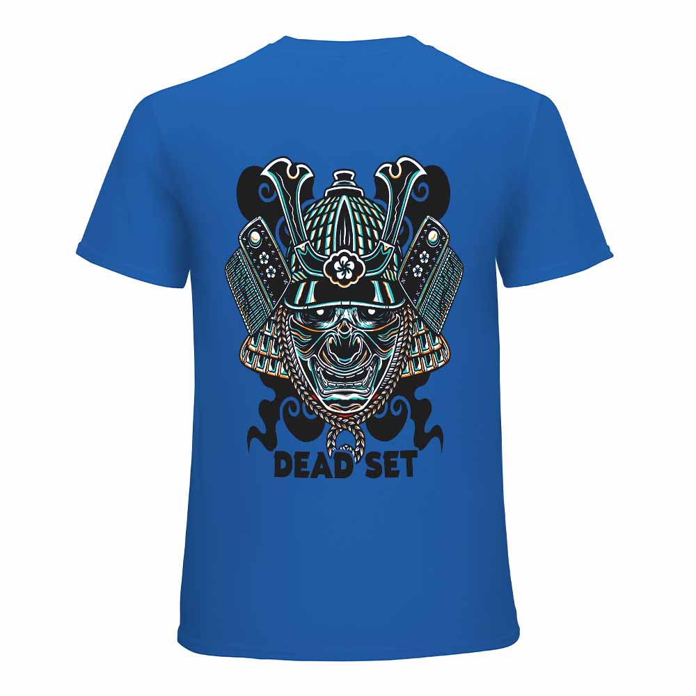 Blue cotton men's T-shirt with samurai skull design and "DEAD SET" text, perfect for events and leisure