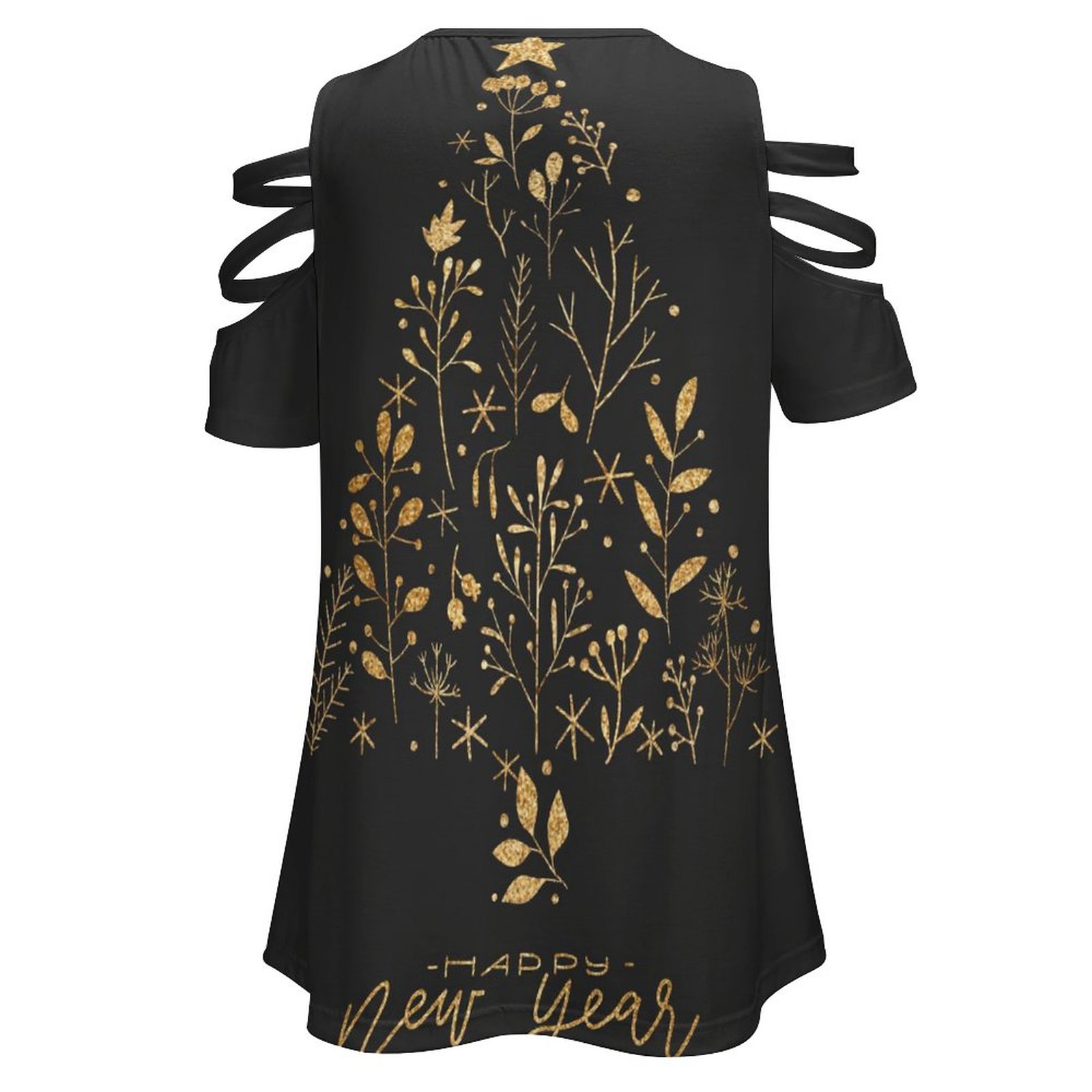 Black Ladies BE Zip Off Shoulder Top with gold floral print and shoulder cut-out design