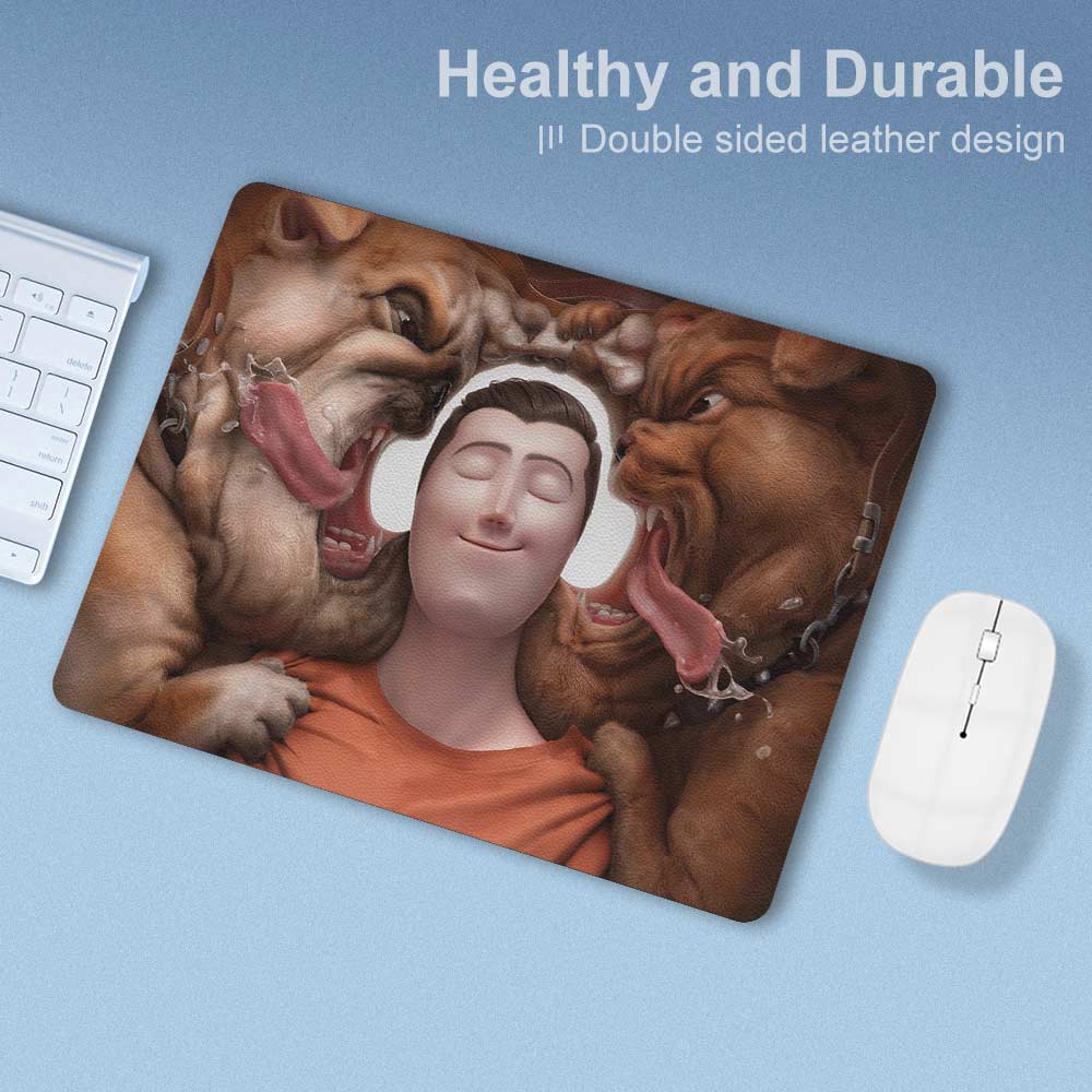 Durable leather mouse pad with person wearing headphones, ideal for gaming or office use.
