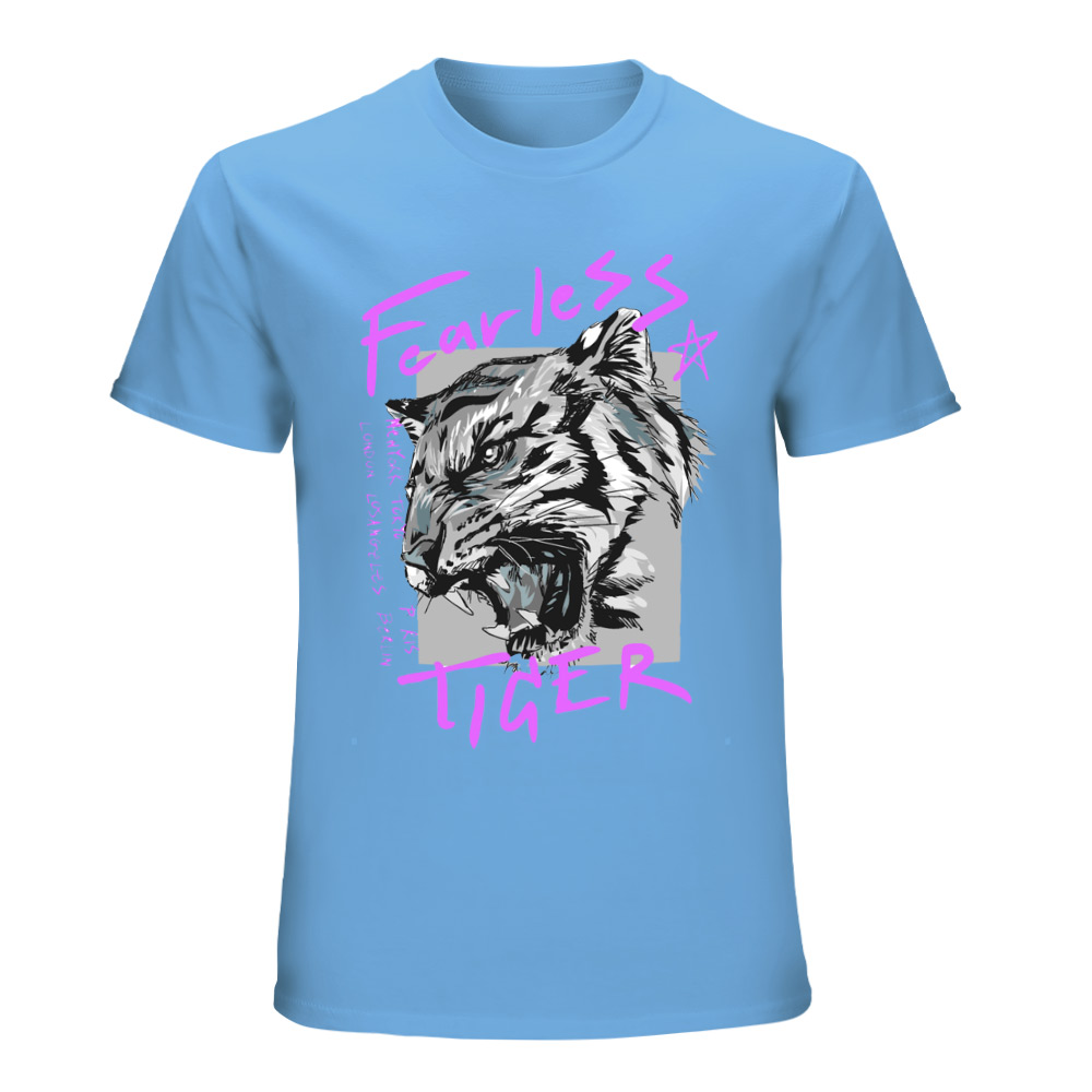 Light blue cotton men's Fearless Tiger graphic tee, front view.
