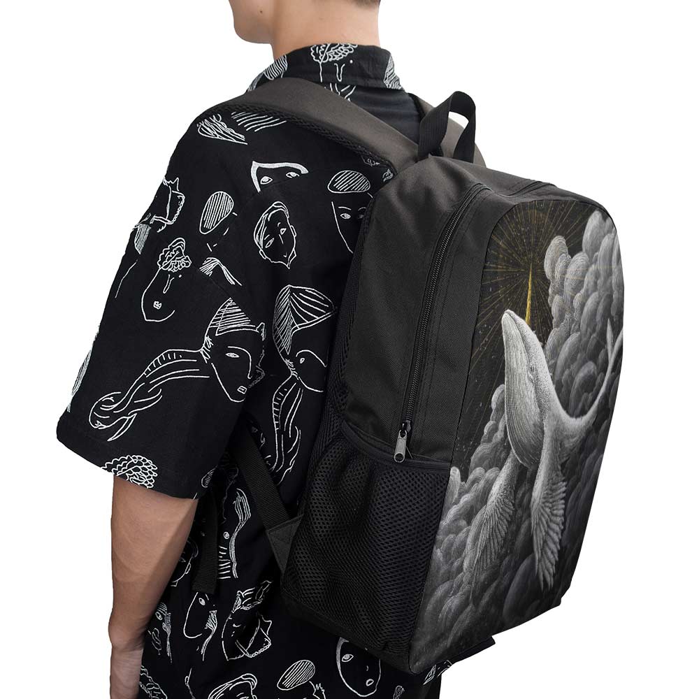 Black 17 inch Shoulder Backpack with whale illustration made of 600D polyester