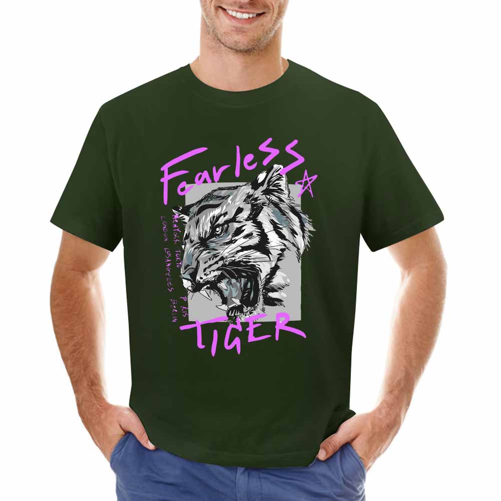 Dark Green 100% Cotton 'Fearless Tiger' graphic T-shirt for men,  collection.