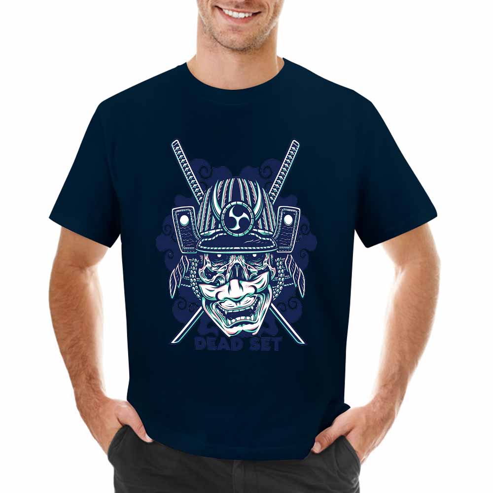 Navy blue cotton men's T-shirt featuring a detailed samurai skull design, perfect for leisure.