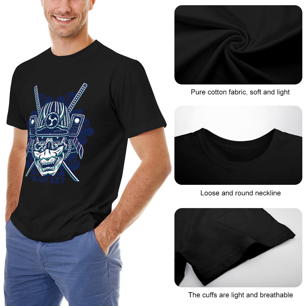 Black cotton men's T-shirt with blue samurai skull design, soft fabric and round neck, perfect for leisure and events.