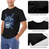 Black cotton men's T-shirt with blue samurai skull design, soft fabric and round neck, perfect for leisure and events.