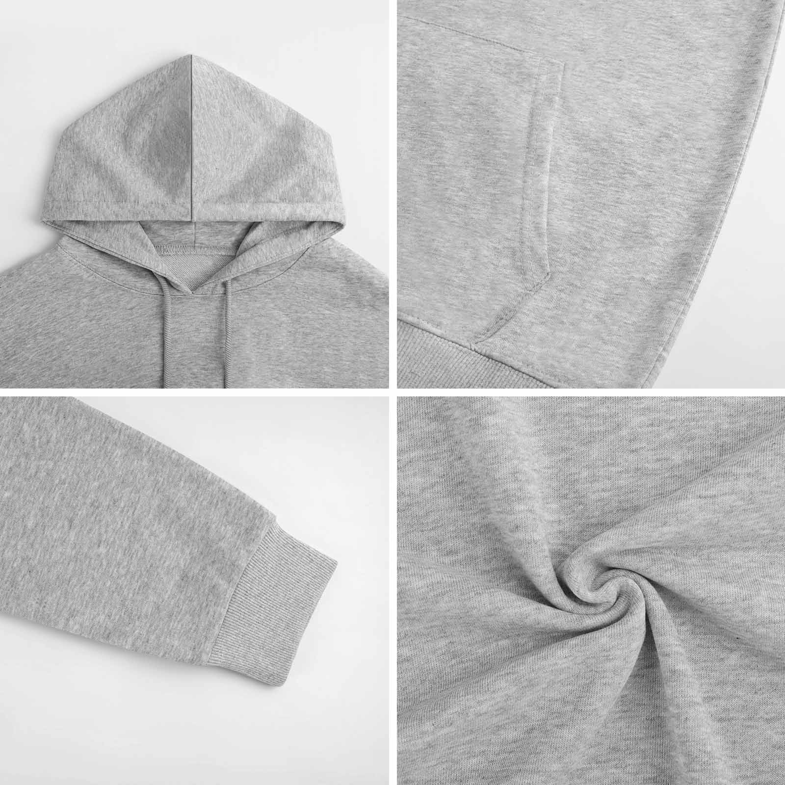 Grey cotton hooded sweater fabric detail, breathable, comfortable, youth fashion style