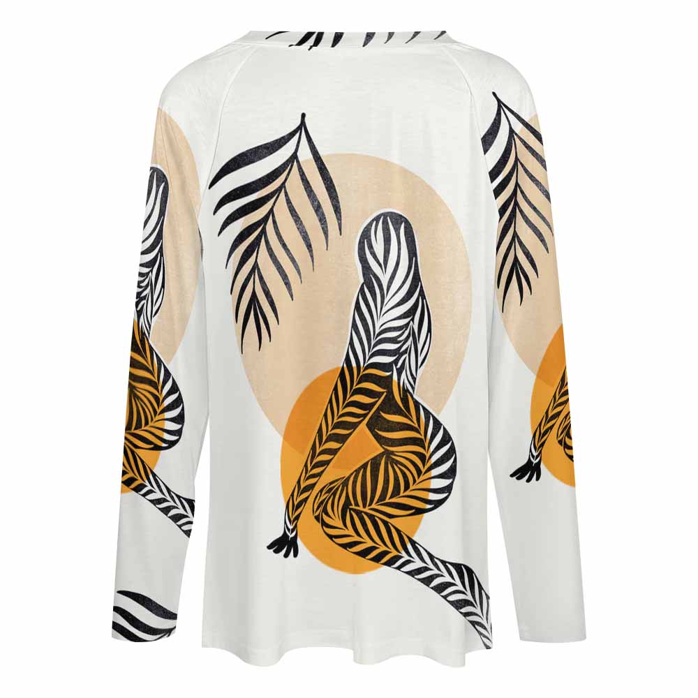 Women's V-neck long sleeve tee with artistic print, polyester-spandex blend