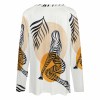 Women's V-neck long sleeve tee with artistic print, polyester-spandex blend