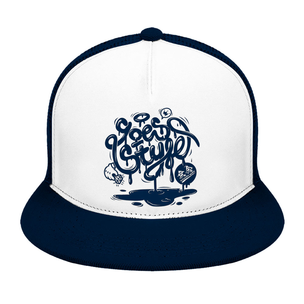 Navy blue and white baseball cap with graphic design, breathable and stylish.
